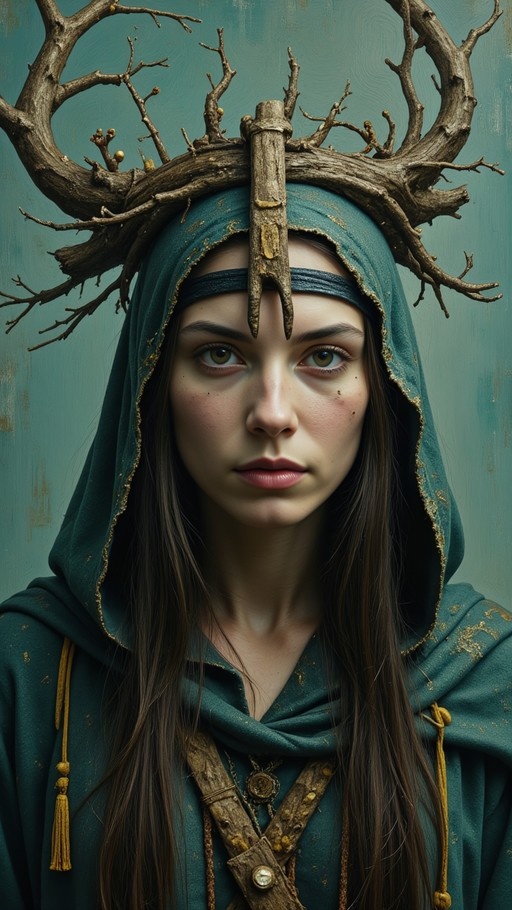 A young woman with long brown hair and freckles wears a teal hooded cloak and large branch-like antlers while looking at the viewer.