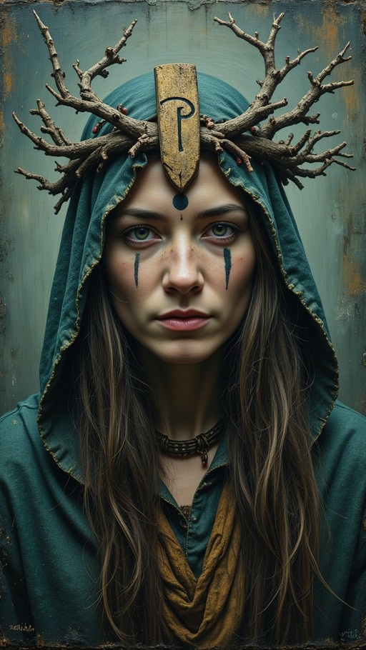 A realistic digital painting of a young woman with long brown hair and green eyes wearing a teal hood and an antler crown with a golden rune on her forehead.