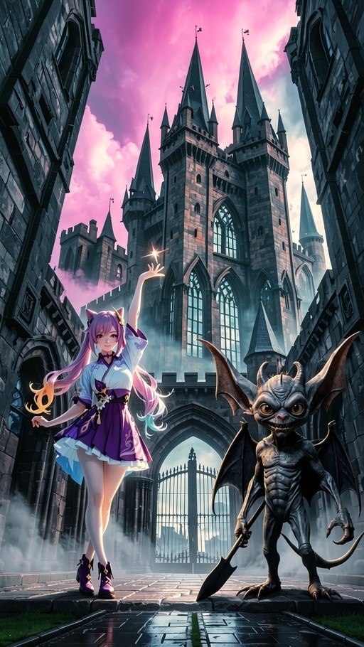 Keqing from Genshin Impact, wearing cat ears and a purple outfit, casts a magical spark while standing beside a small winged demon holding a shovel in front of a large gothic castle.