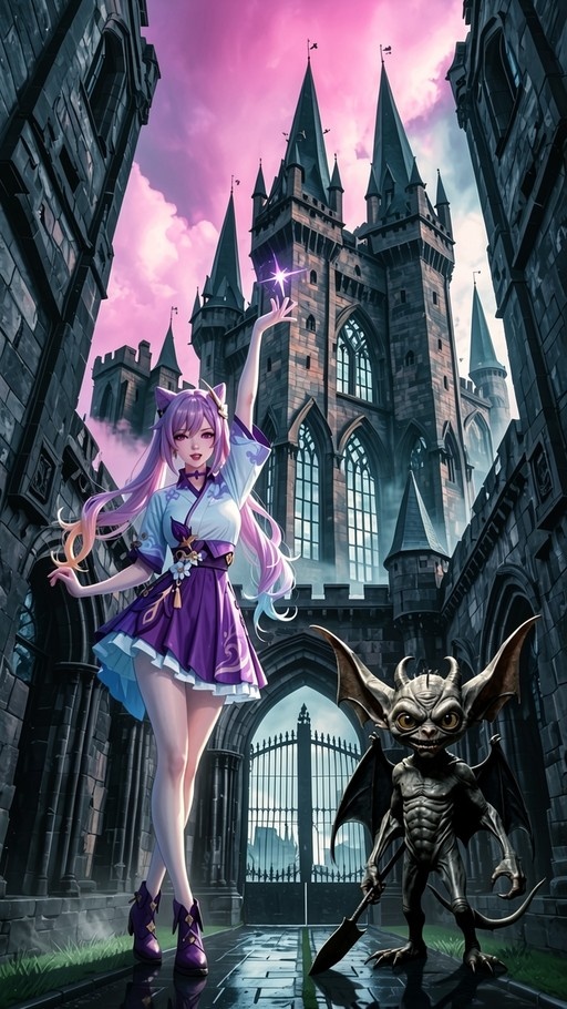 Keqing from Genshin Impact stands before a gothic castle, casting magic with one hand while a small grey creature with large ears and wings holds a shovel nearby.