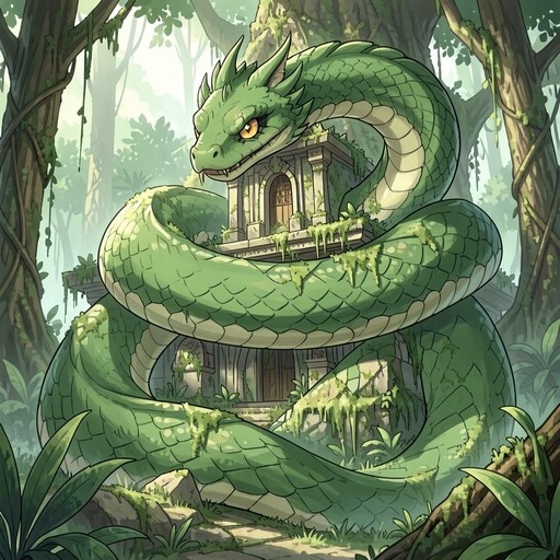 A large green dragon with yellow eyes and fangs is coiled around moss-covered stone ruins in a lush forest.