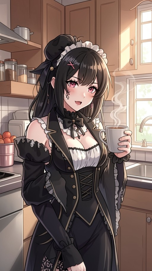 An anime girl with black hair and pink eyes in a gothic maid outfit holds a steaming coffee mug in a bright kitchen.