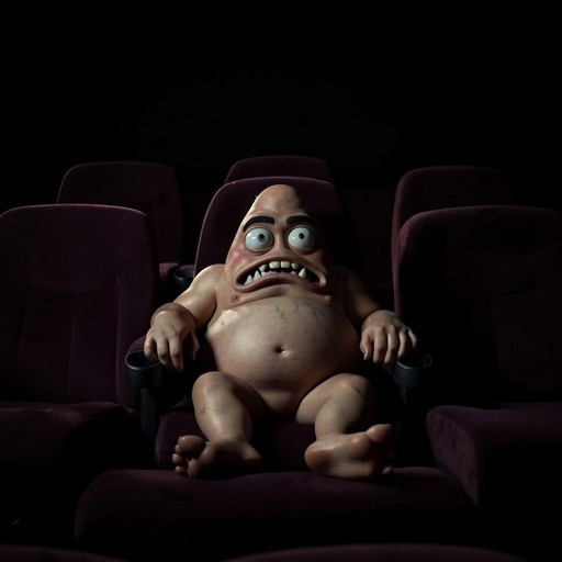 A realistic rendering of Patrick Star sitting in a purple movie theater seat with a terrified expression and sharp teeth.