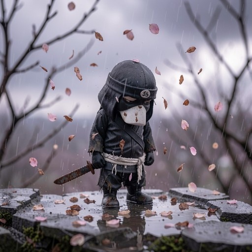 A small chibi ninja in a black hood and mask stands alone in the rain holding a rusty sword while pink petals fall around him on wet stones.