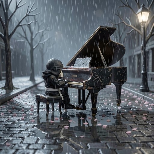 A small hooded figure plays a grand piano on a rainy cobblestone street with pink petals scattered around.