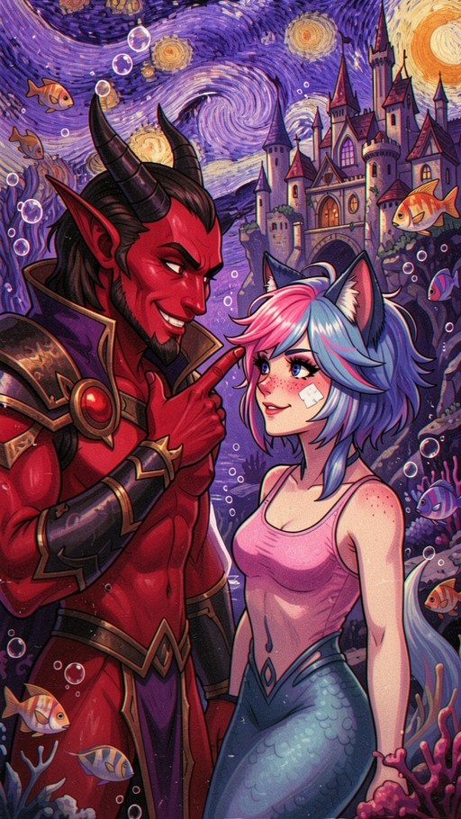 A red-skinned horned demon in armor points at a smiling mermaid with cat ears and multicolored hair in an underwater scene with a castle background.
