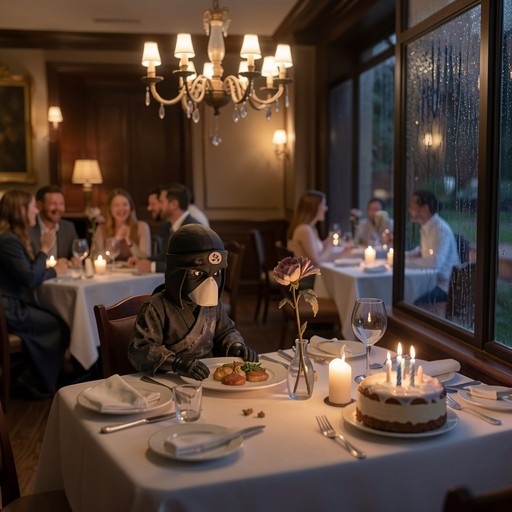 A masked ninja sits alone at a candlelit table in a busy restaurant with a birthday cake and lit candles, while rain falls outside the window.