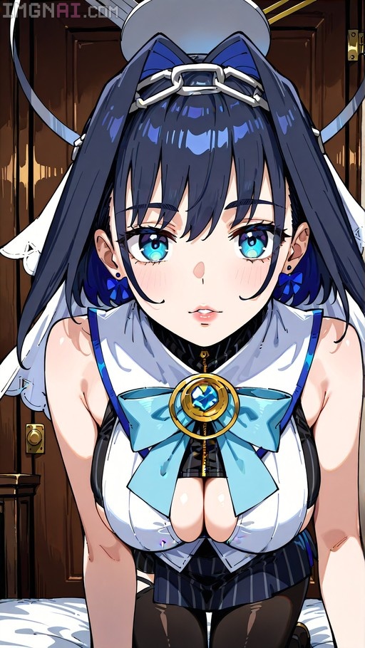 Ouro Kronii digital illustration with dark blue hair, blue eyes, and a mechanical halo wearing a white top with a large blue bow.