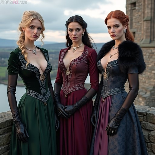 Three women in elaborate medieval gowns and black gloves standing side by side outdoors.