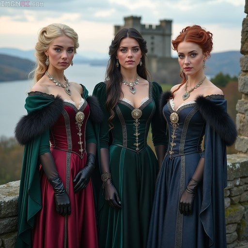 Three women in medieval red, green, and blue gowns with black gloves standing outside a stone castle