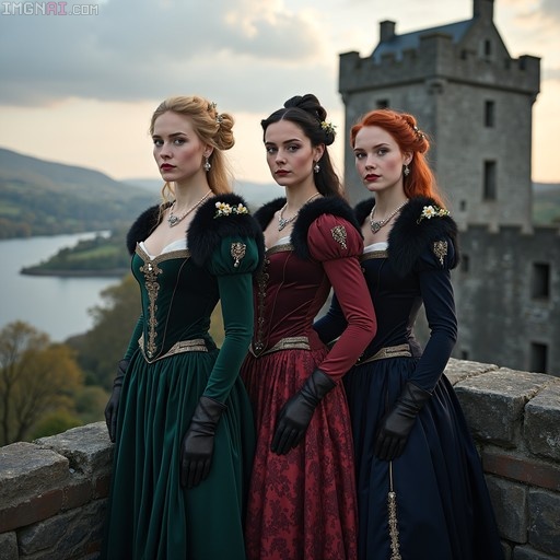 Three women in elaborate medieval velvet dresses and black gloves standing on a stone castle wall with a lake view.