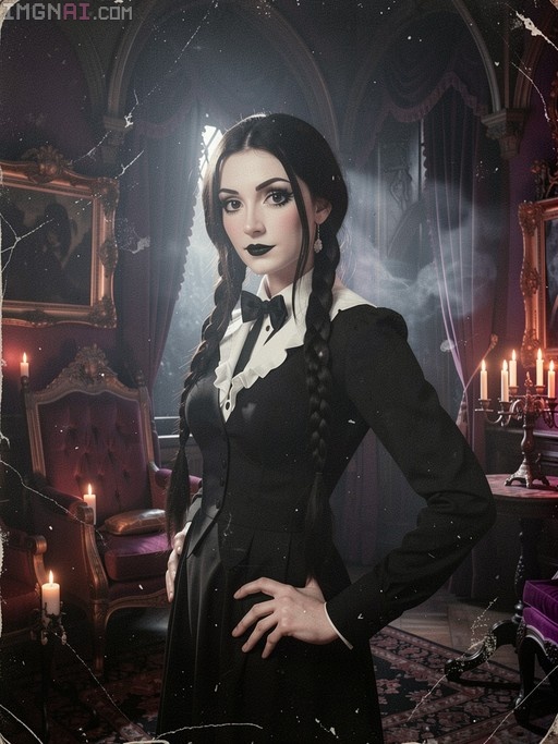 Wednesday Addams standing in a gothic room with candles, wearing a black dress and twin braids.