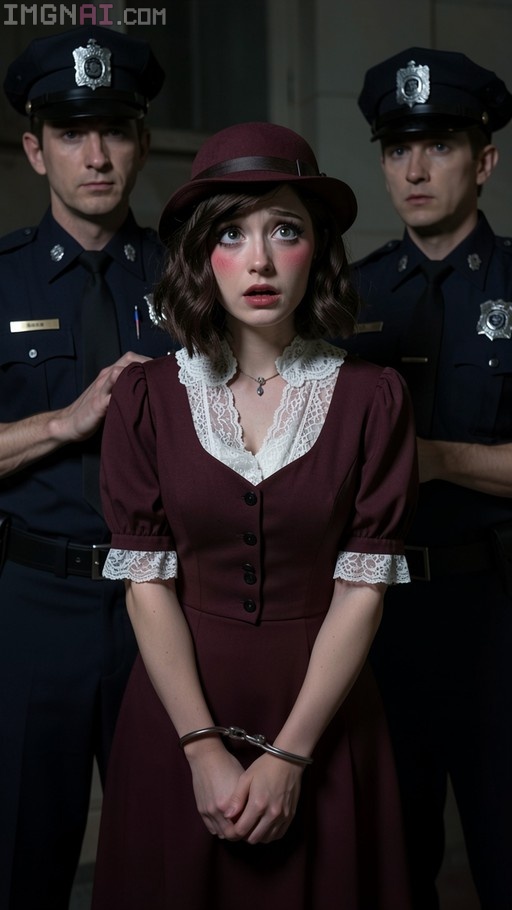 A brunette woman in a maroon cloche hat and lace-trimmed dress stands handcuffed between two uniformed police officers.