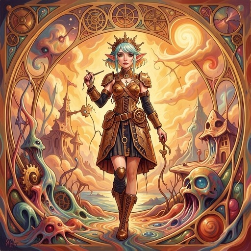 A full-body digital illustration of an elf warrior with blue and blonde hair wearing golden armor and holding a needle, framed by an ornate Art Nouveau border against a surreal landscape.