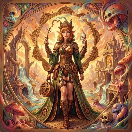 A blonde elf princess in green and gold armor stands holding a wand and cup, framed by an ornate border with skulls and mushrooms against a fantasy background.