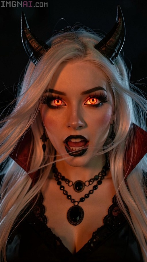 Close-up portrait of a woman with long white hair, large black horns, glowing orange eyes, and fangs wearing black lipstick and layered necklaces.