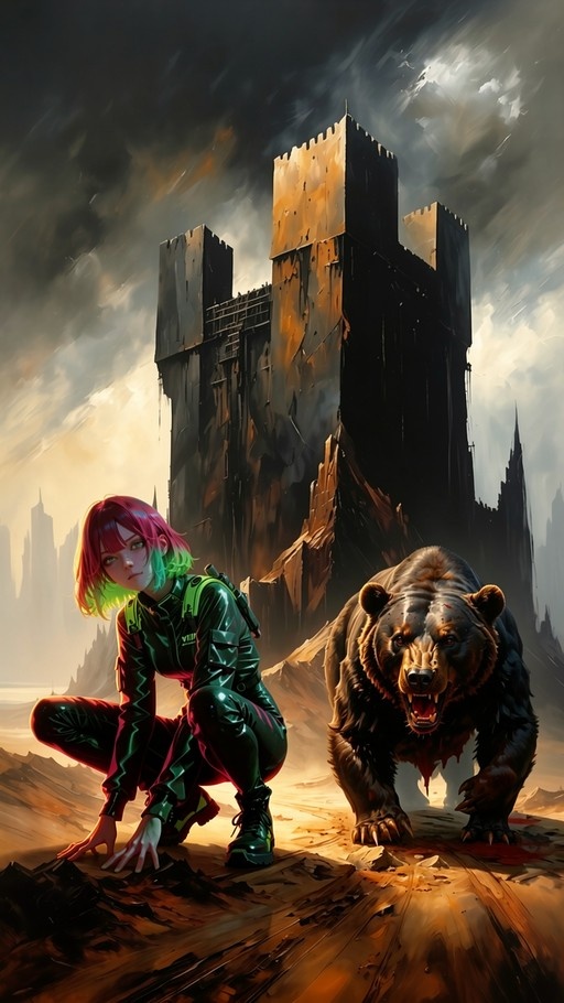 Anime girl with pink and green hair squatting next to a growling bear in front of ruined towers