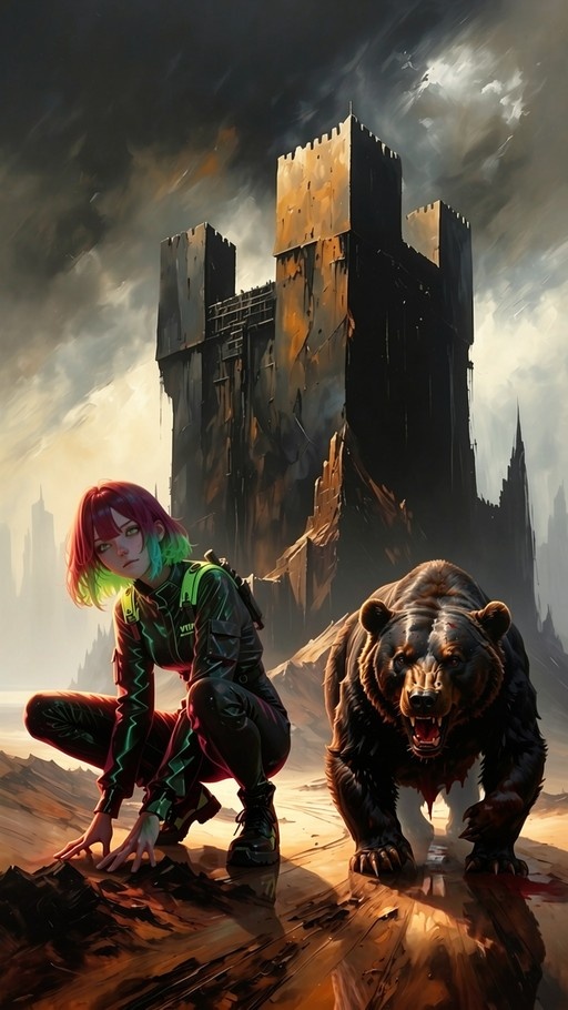 A young woman with short pink and green hair crouches on the ground next to a large roaring brown bear in front of a ruined castle tower.