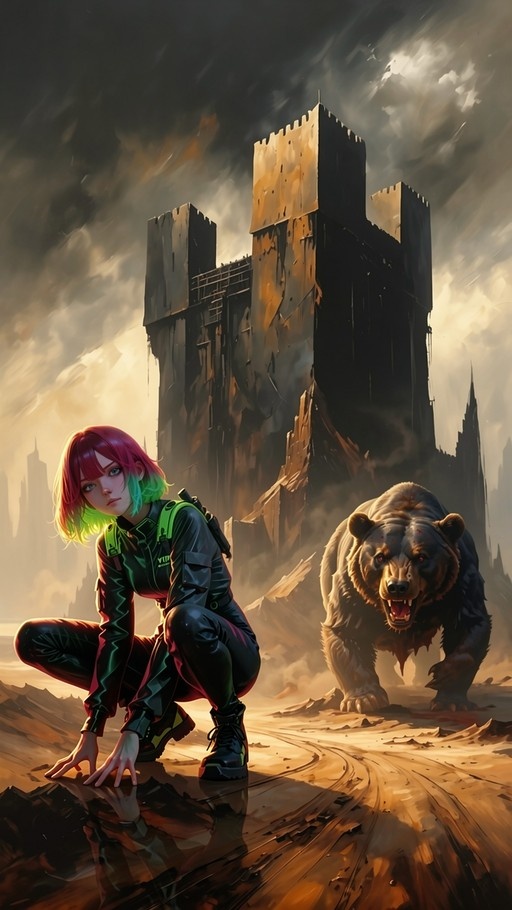 A young woman with pink and green hair crouches by a reflective puddle in a dark tactical suit, while a large snarling bear stands behind her near ruined buildings under a cloudy sky.