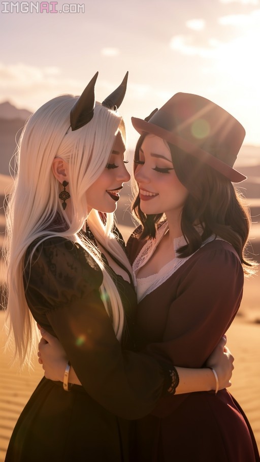 Two women embracing in a desert at sunset; one has white hair and black horns, the other wears a hat.