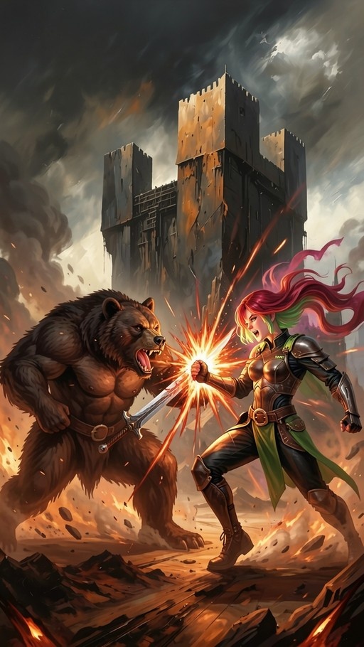 An armored woman with red and green hair clashes swords with a muscular bear-man, sending sparks flying against a backdrop of burning castle ruins under a stormy sky.