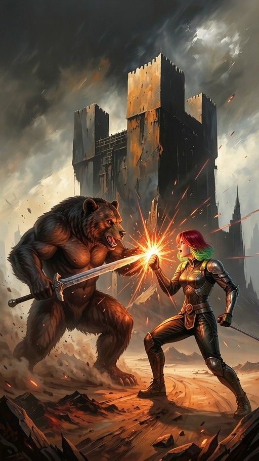 Female warrior with gradient hair fighting a giant bear monster with a sword in front of a ruined castle.