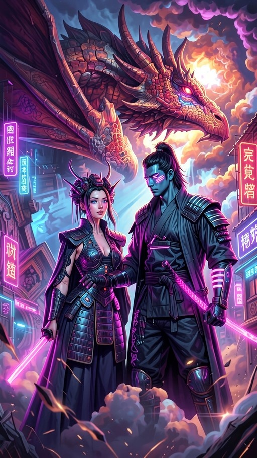A blue-skinned samurai man and a horned woman in black armor hold hands with glowing pink swords, standing before a large dragon in a neon city.