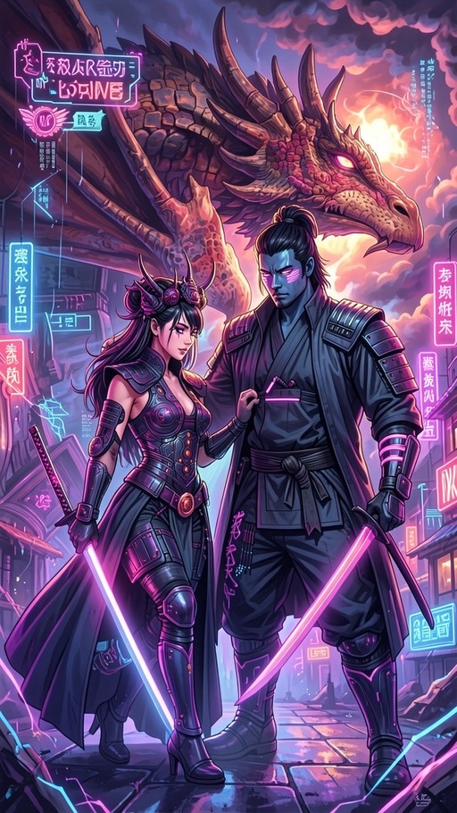 A blue-skinned samurai warrior and a horned female warrior holding glowing swords stand in front of a giant dragon head in a neon-lit cyberpunk city.