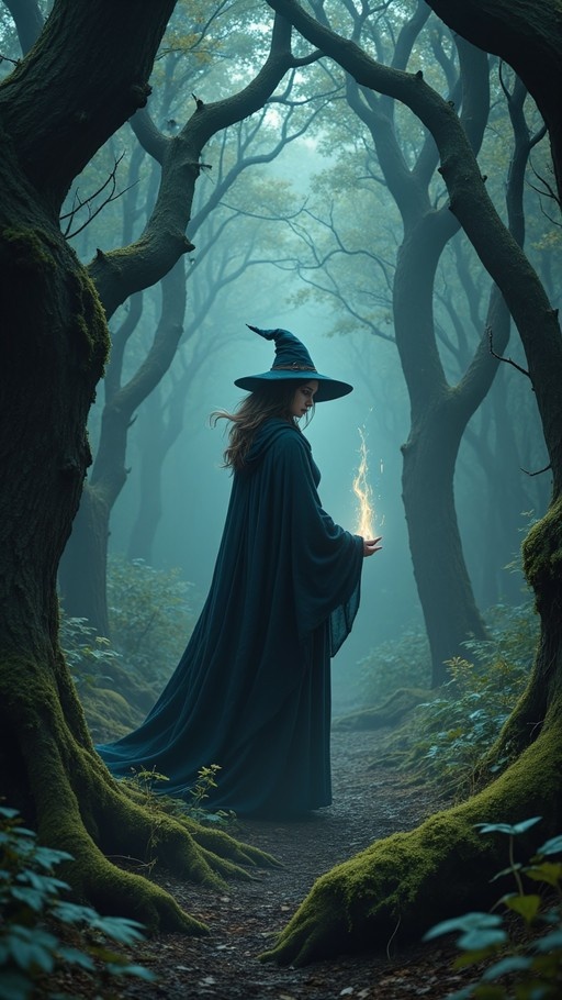 A witch in a blue cloak holding a flame in a misty forest.
