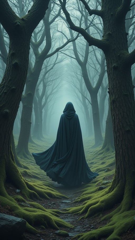 A hooded figure in a dark cloak stands on a mossy path in a misty forest with tall bare trees.