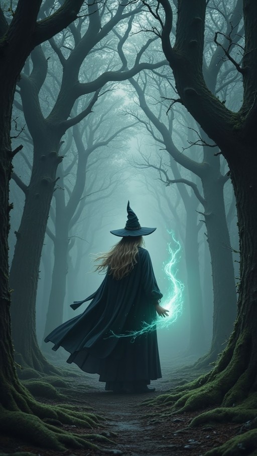 A blonde witch in a pointed hat and dark cloak stands in a misty forest casting green magical energy from her hand.
