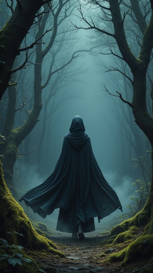 A person in a black hooded cloak walking away on a path through a foggy forest with moss-covered trees.