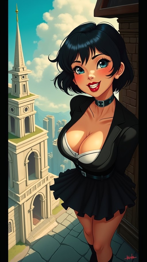 A smiling anime girl with short black hair and blue eyes stands near a doorway wearing a black jacket and pleated skirt, with a white tower in the background.