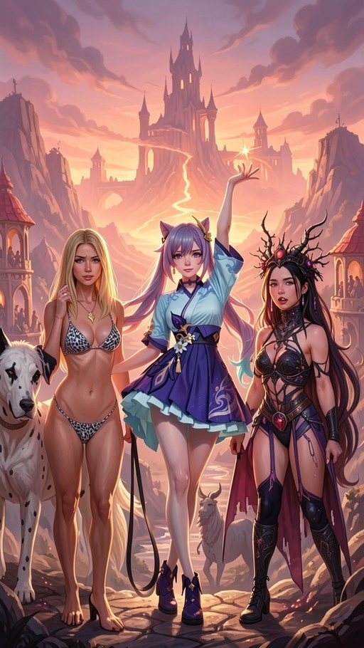 A blonde woman in a bikini holds a white dog next to an anime girl in a kimono and a dark-haired sorceress in armor, all standing before a castle at sunset.