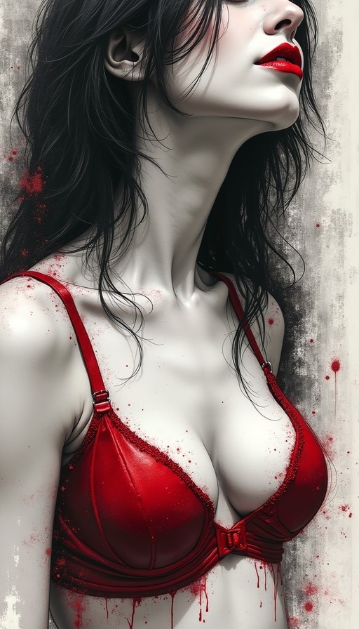 A pale woman with long black hair and red lips wearing a red bra, her chest and the background wall covered in splattered blood droplets.