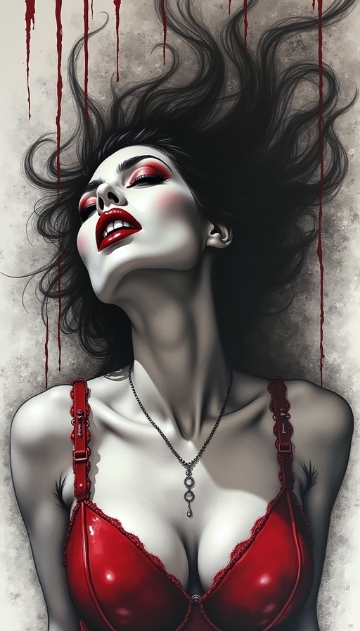 A pale-skinned woman with long black hair and red lipstick looks upward wearing a red bra as blood drips down around her.