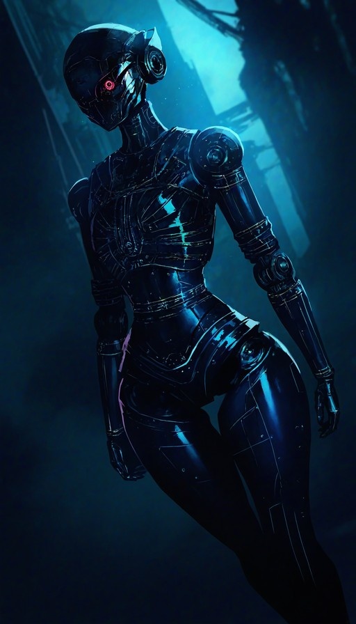 A full-body view of a sleek black humanoid robot with visible mechanical joints and a single glowing red eye, standing in a blue-lit industrial setting.