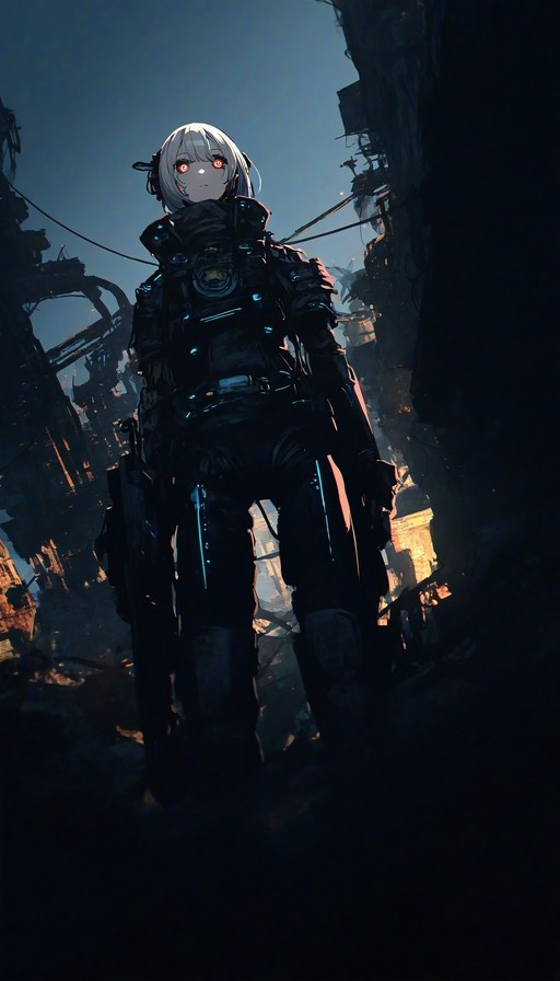 Low-angle digital illustration of a futuristic female soldier with short white hair and glowing red eyes, wearing dark tactical armor with blue accents, standing amidst urban ruins.