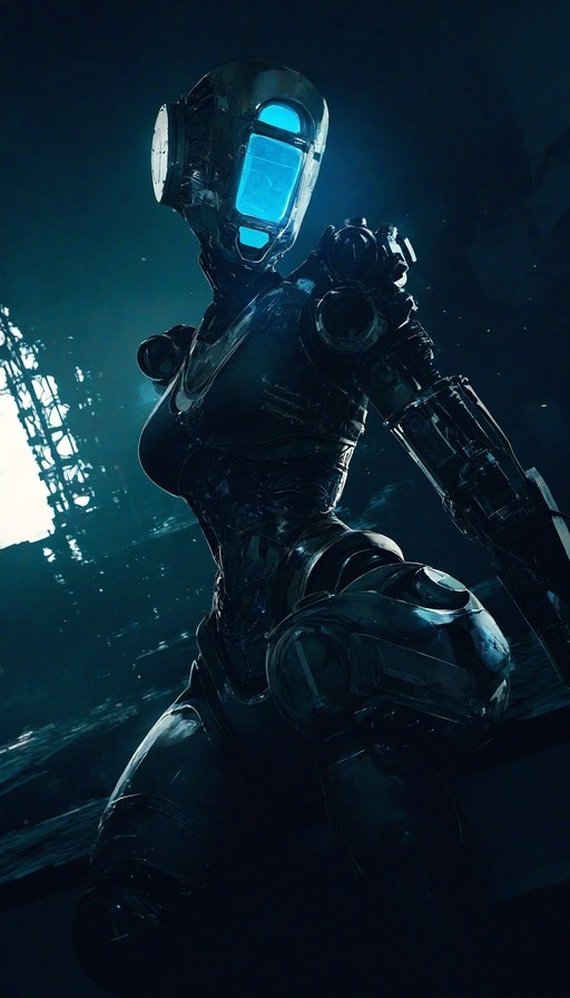 A sleek humanoid robot with a glowing blue visor kneels in a dark, atmospheric setting.