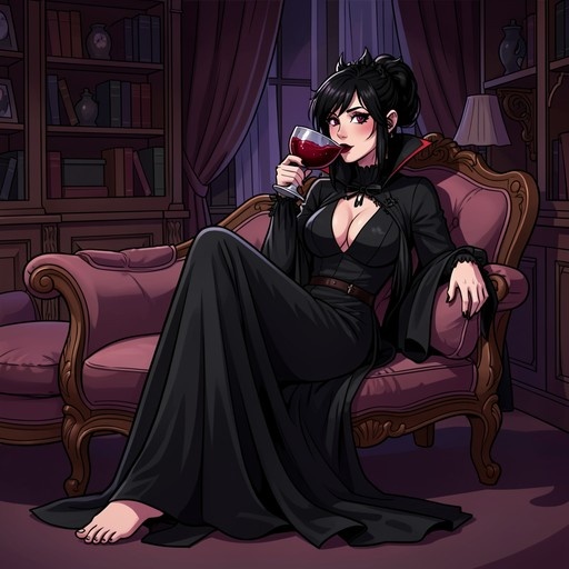 A full-body digital illustration of a vampire woman with black hair and red eyes sitting on a purple couch holding a wine glass.