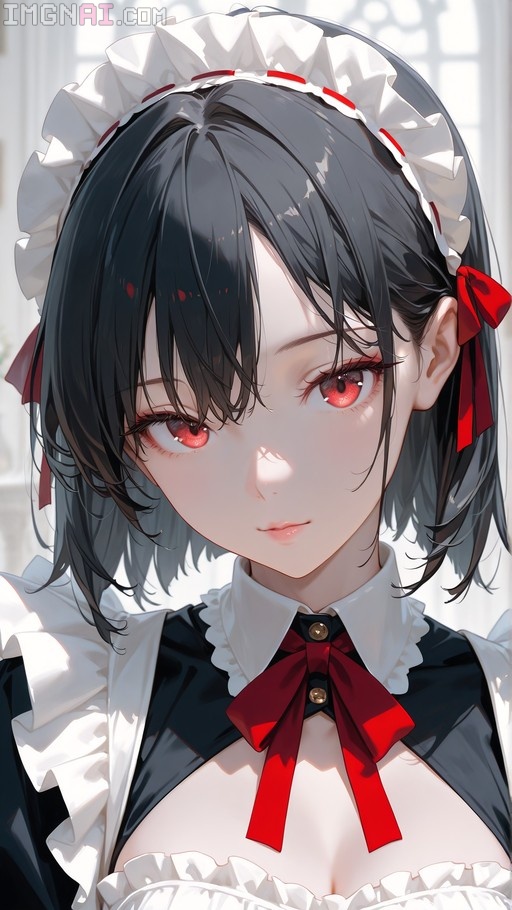 A close-up digital illustration of an anime girl with short black hair and red eyes wearing a black and white maid uniform with a large red bow tie and frilly headdress.