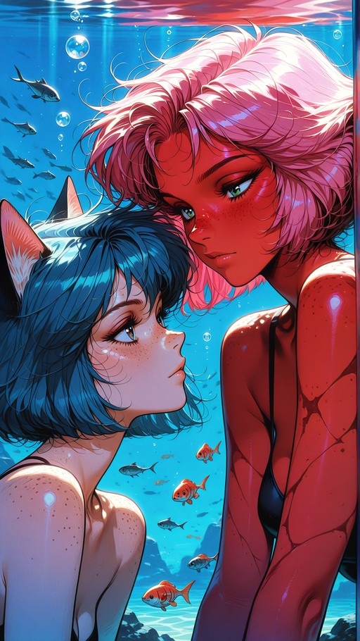 Two anime-style cat girls gazing at each other underwater, featuring a red-skinned girl with pink hair and a pale girl with blue hair amidst swimming fish.