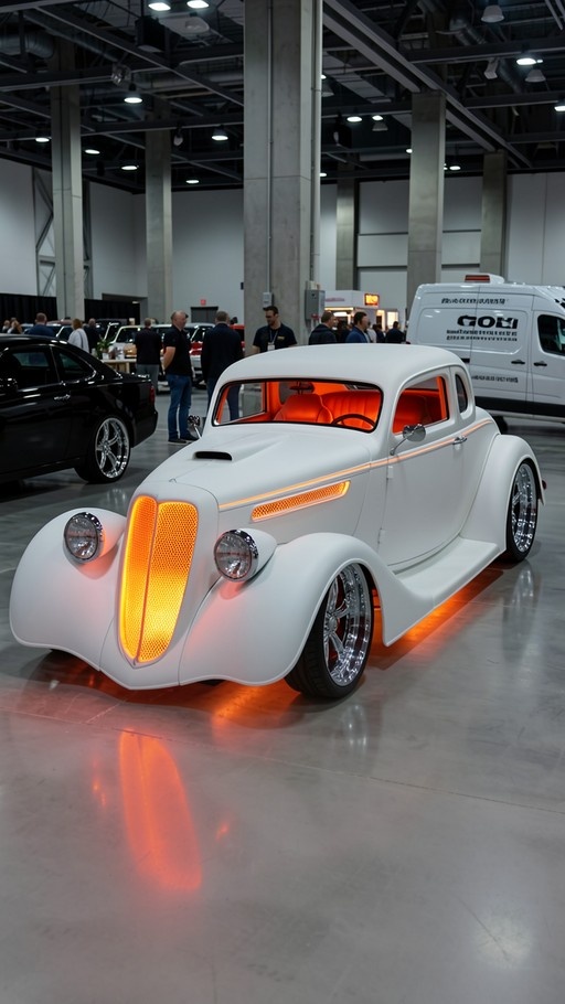 A white vintage hot rod with glowing orange grille and underglow lights displayed at an indoor car show.