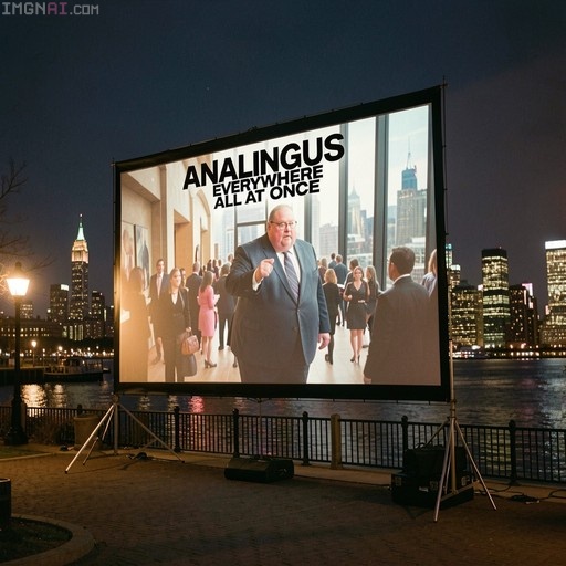 A large outdoor projection screen at night displays a movie titled "Analingsus Everywhere All At Once" featuring an obese businessman in a suit, with the New York City skyline visible across the water.