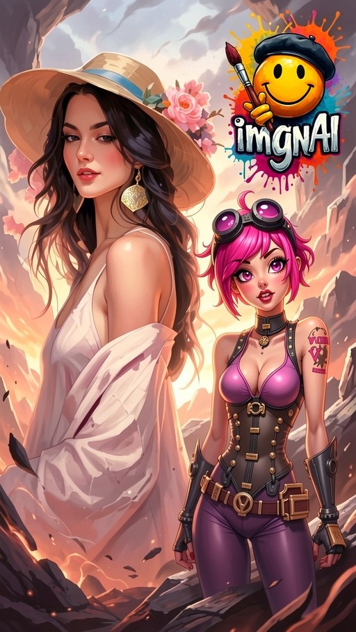 Vi from League of Legends standing next to a woman in a sun hat and white dress