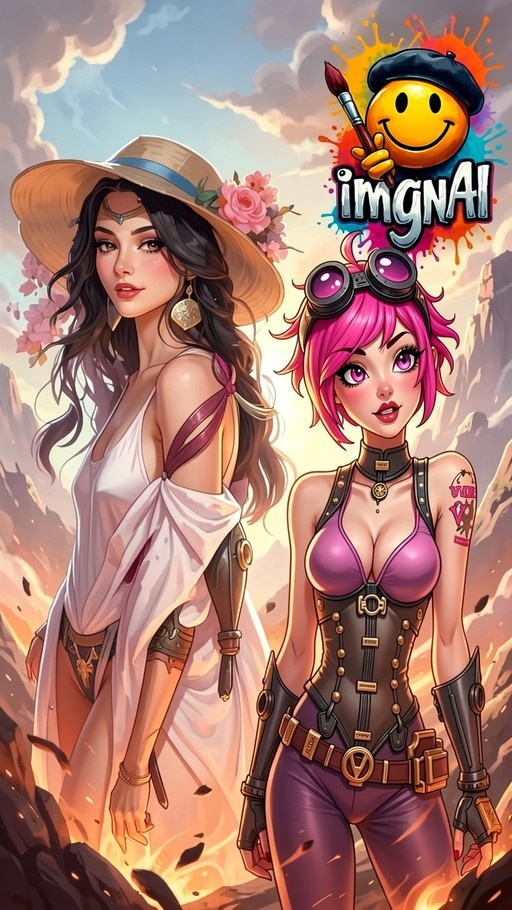 Vi from League of Legends stands beside a dark-haired woman in a sun hat within a rocky canyon.