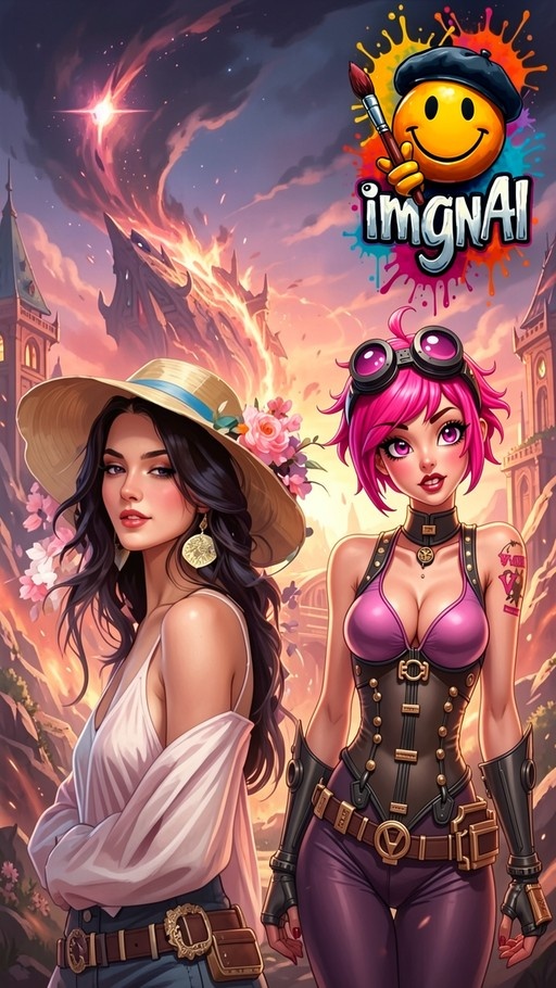 Two women standing in front of burning ruins, one wearing a straw hat and the other with pink hair and goggles.