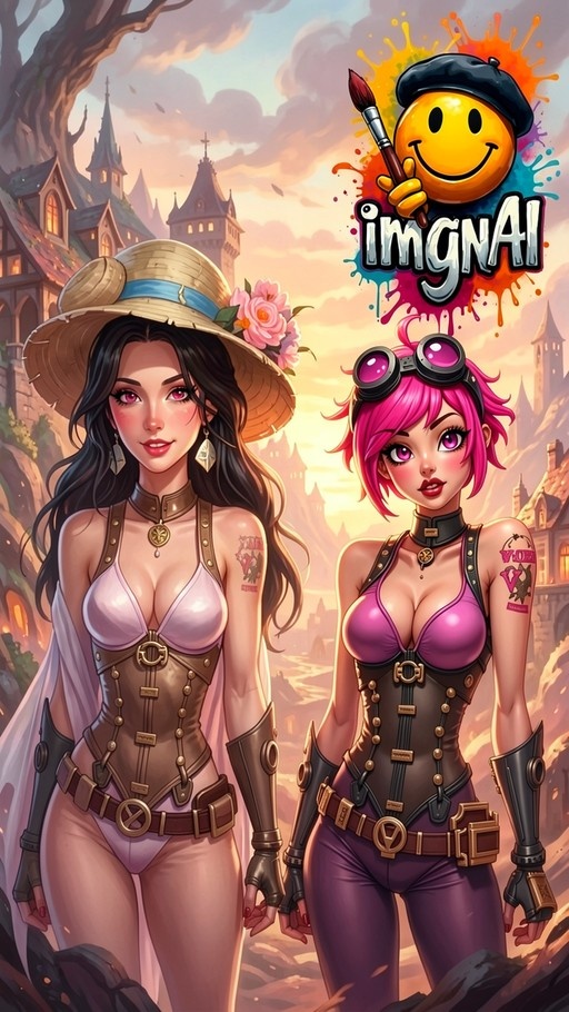 Two anime-style women holding hands in front of a fantasy city at sunset; the character on the right has short pink hair and goggles, resembling Vi from League of Legends, while her companion wears a large straw hat.