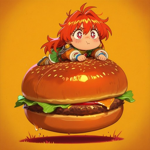 Chibi Lina Inverse lying on a giant cheeseburger with sesame seeds and lettuce.