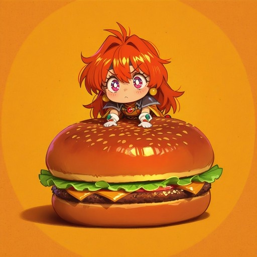 A chibi anime character with orange hair and a black outfit climbs onto a large hamburger with lettuce and cheese against an orange background.